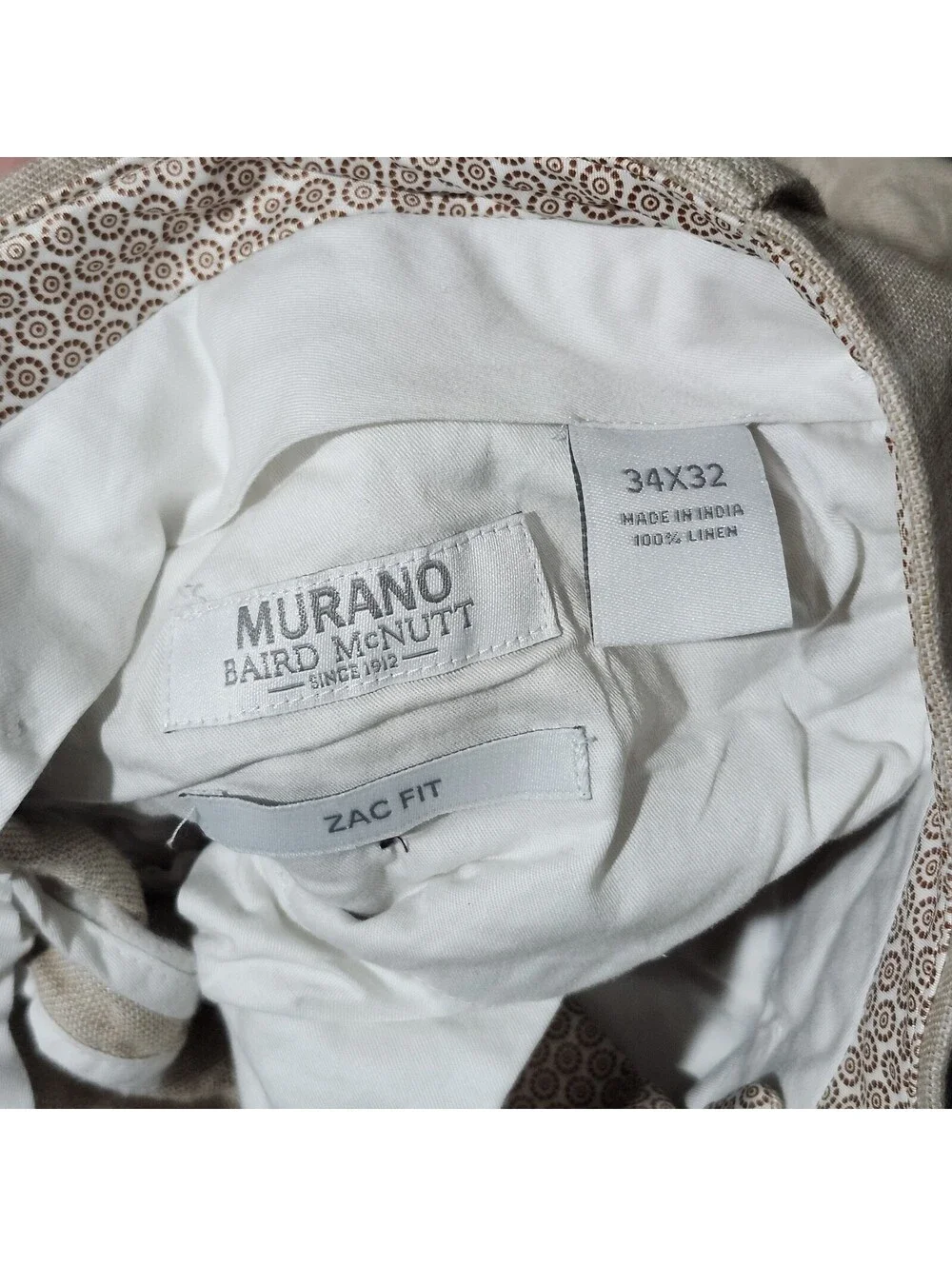 Murano Baird McNutt Linen Zac Fit Cuffed Dress Trousers Pants Slacks 34x30